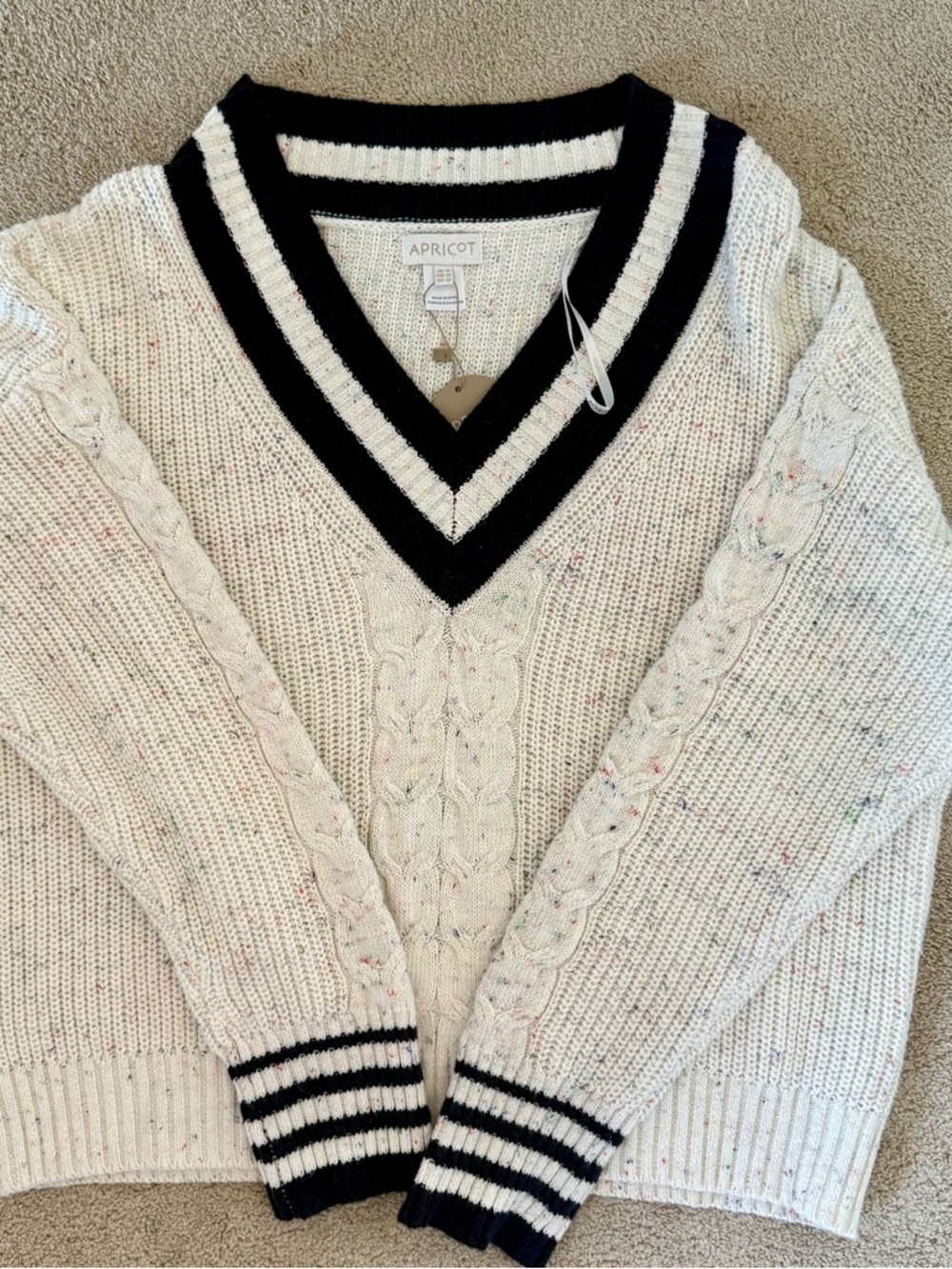 APRICOT Cream Cable Knit V-Neck Sweater with Navy Stripe Trim Size XL